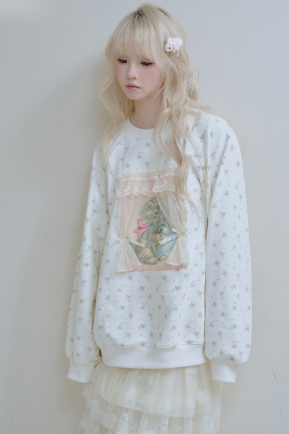 フローラルキャットレースカーテンスウェット