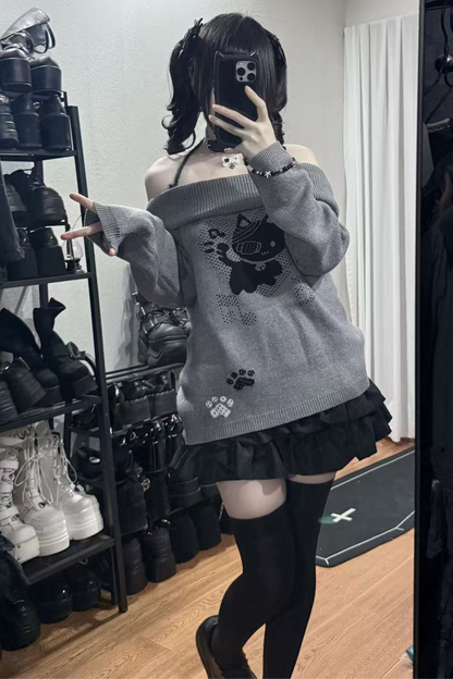 キャットデザインオフショルダートップス