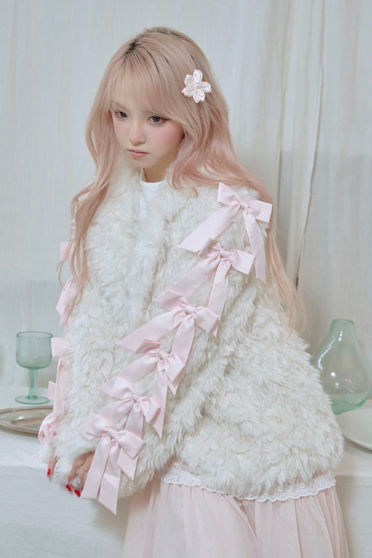 Satin ribbon fur coat