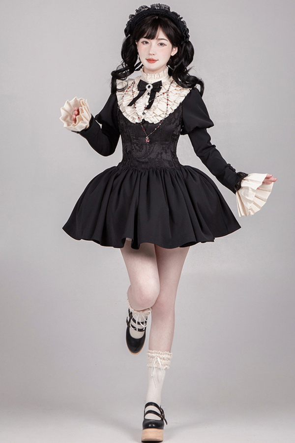 [Pre-Order] Dark Sweet Lolita Dress + Faux Collar + Necklace + Jacket + Ribbon + Sleeve + Fur Shawl