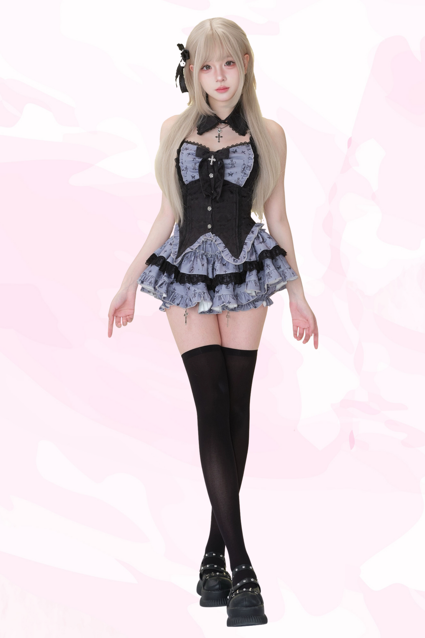 ダークナイトドールブラックプリントパッチワークリボン付きトップス+プリントスカート