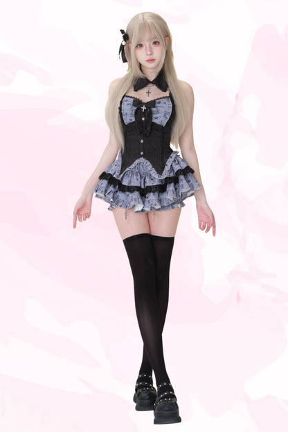 ダークナイトドールブラックプリントパッチワークリボン付きトップス+プリントスカート