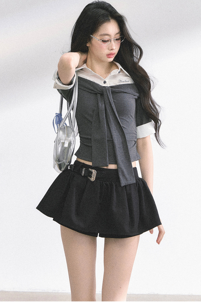 フレンチレディーウエストスリミングショートトップス