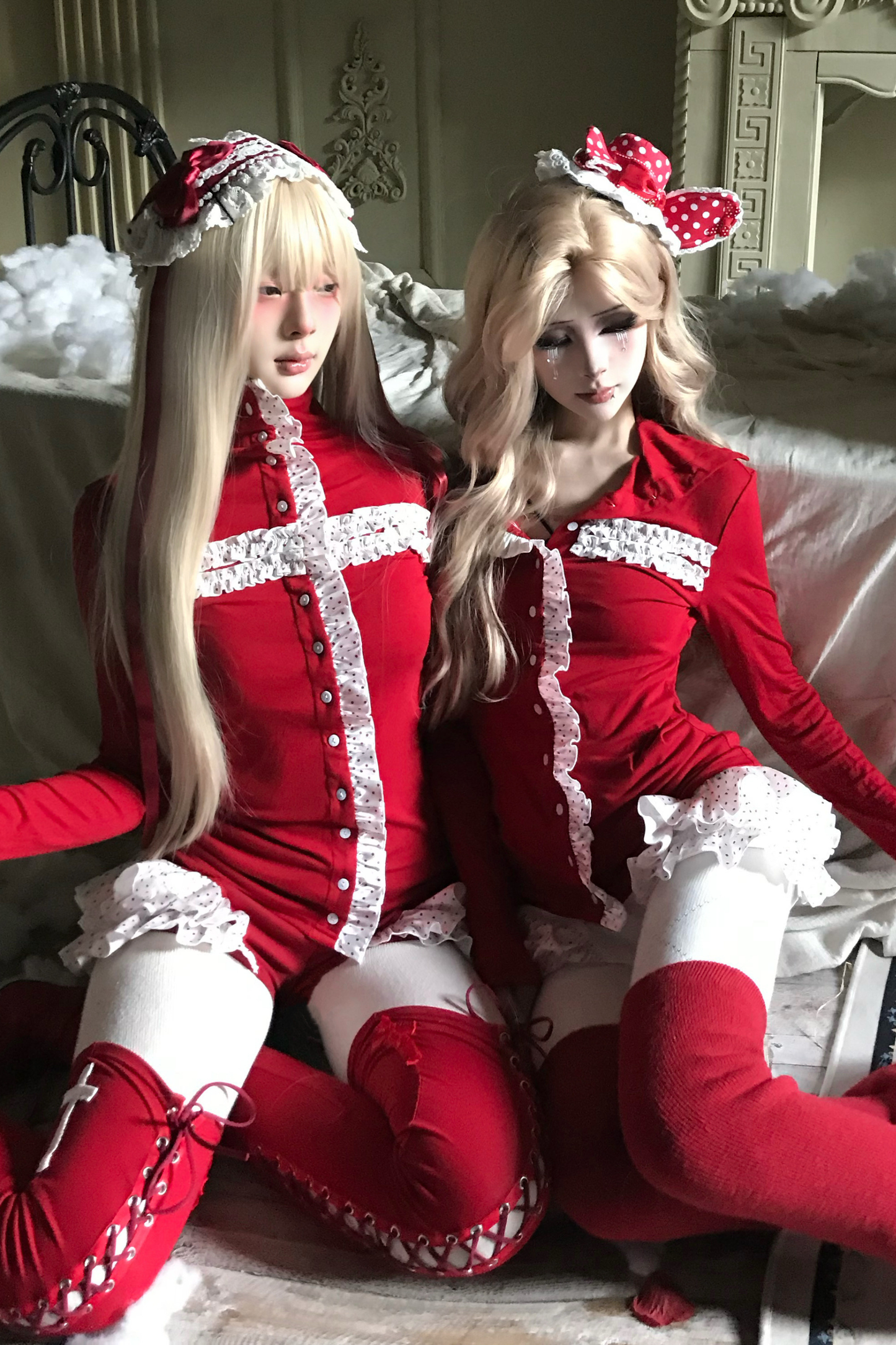 レースクロスタートルネックトップス+レースショートパンツ