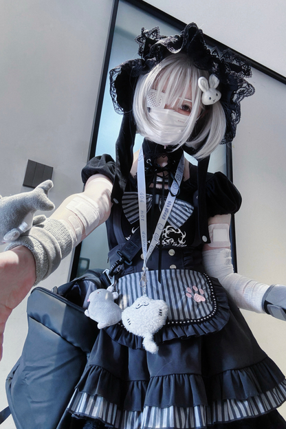 キュートキャットパフスリーブトップス+サスペンダースカート+パンツ+ハット