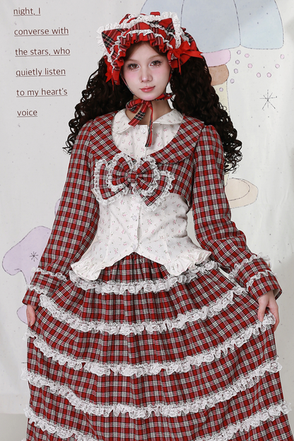 レトロチェックレースリボンショートジャケット