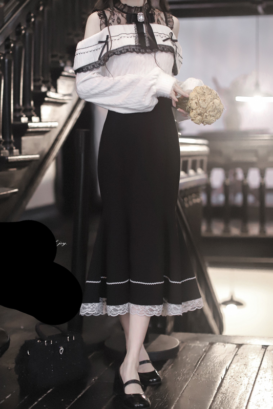 Ribbon knit off the shoulder + mermaid skirt + short skirt + ribbon
