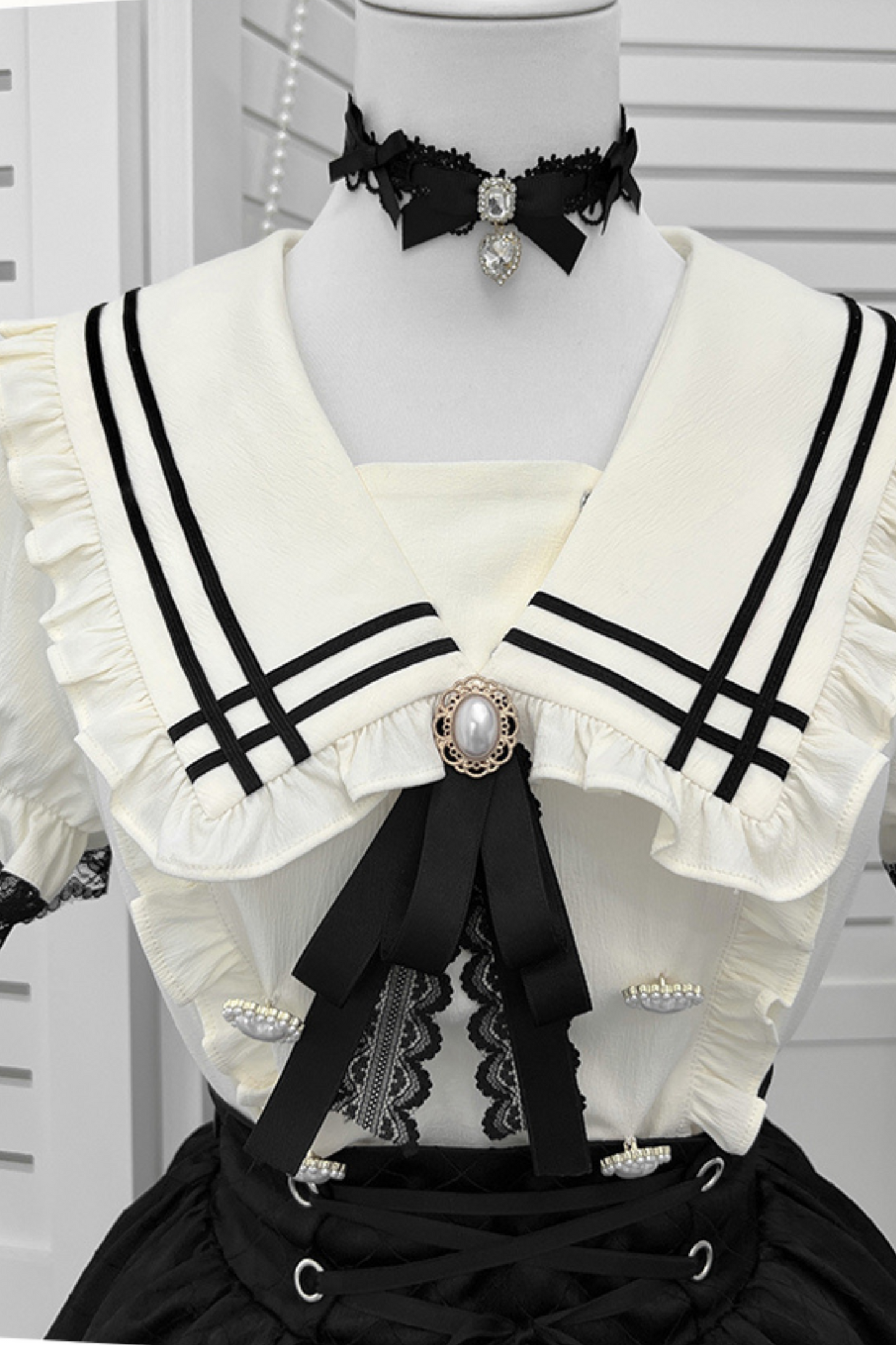 地雷ラインセーラートップス+フレアスカート