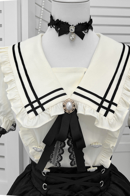 地雷ラインセーラートップス+フレアスカート