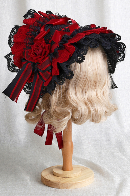 Dark Frilled Lolita Hairband + Flat Hat + Hat Clip + Ribbon Clip + Sleeve