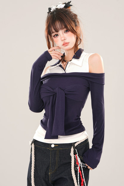 Line Blue Faux Two Piece Polo Top