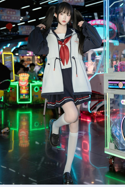 Subculture Sailor Top + Pleated Skirt + Hooded Jacket