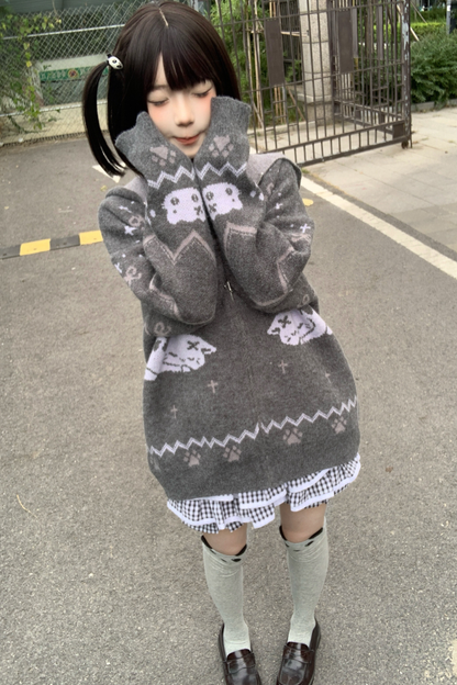 キャットデザインフード ニットカーディガン
