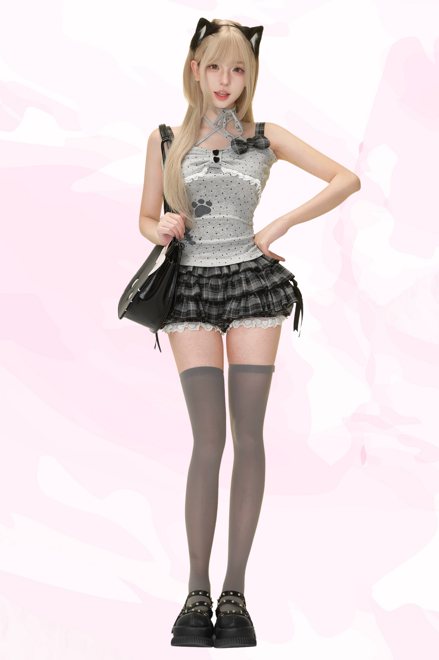 黒猫ドットキャミソール＋チェックケーキスカート