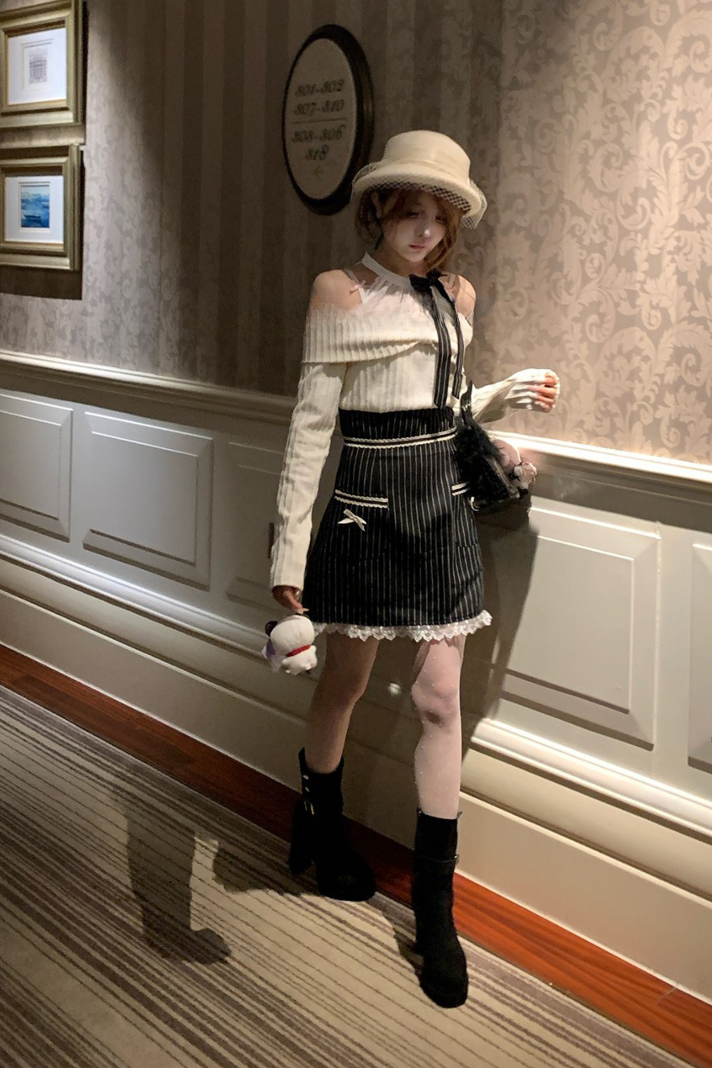 リボンオフショルダーストライプドレス