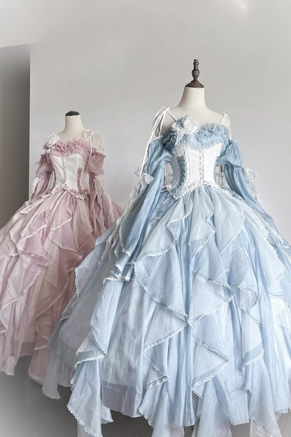 Blue Pink Fishbone Corset Wedding Dress