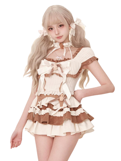 Hazelnut milk [3.18 at 20 o'clock new + new products 95% off] Beige brown top + skirt