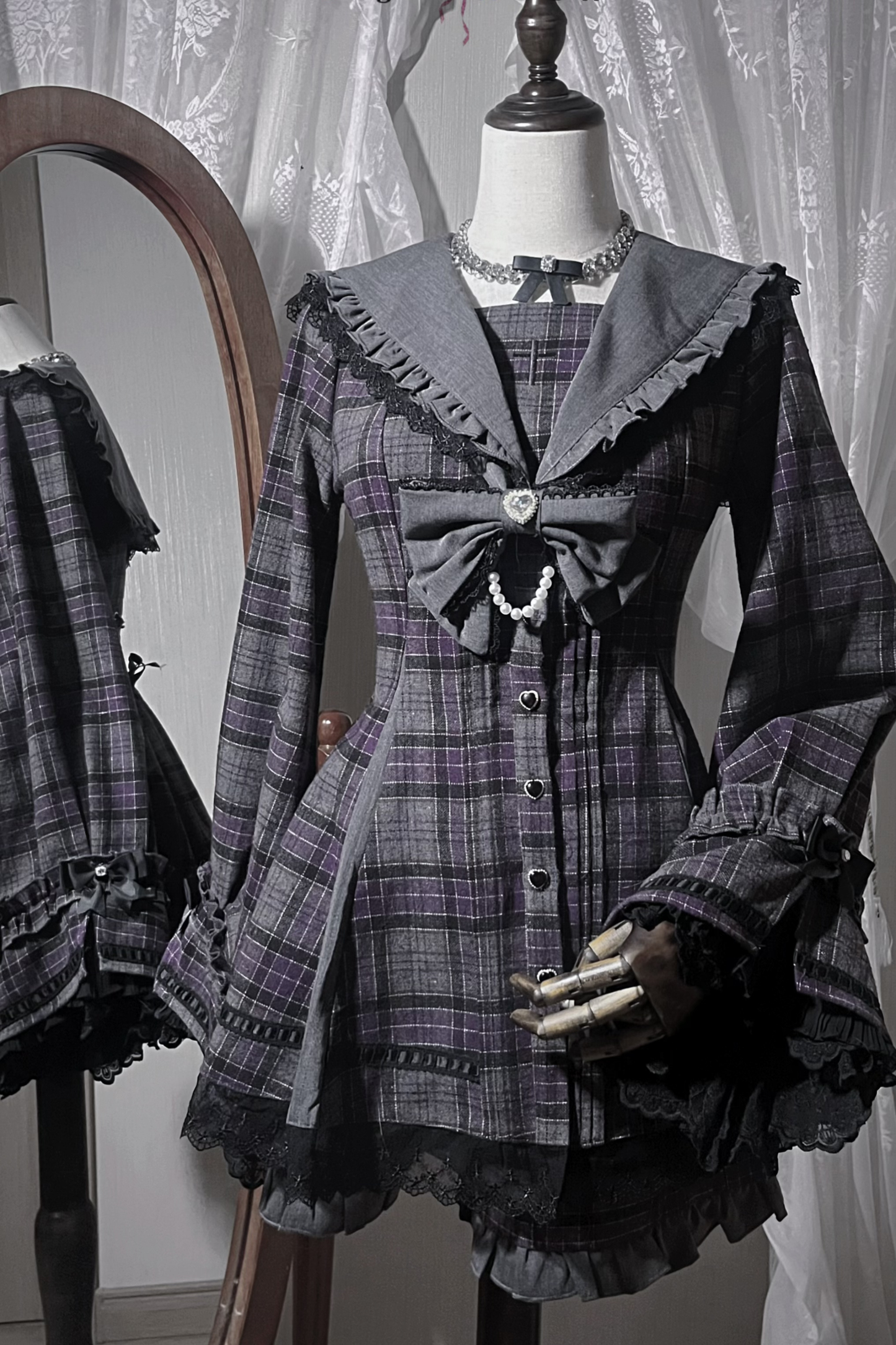 【12月24日予約締切】ゴシックセーラーカラーレースリボンチェックドレスセットアップ