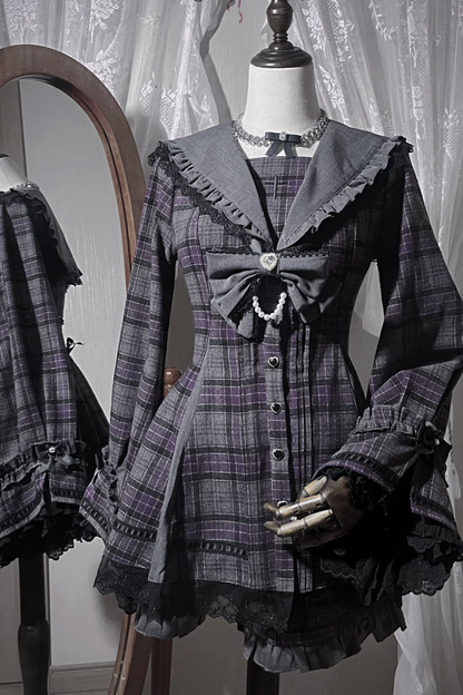 【12月24日予約締切】ゴシックセーラーカラーレースリボンチェックドレスセットアップ