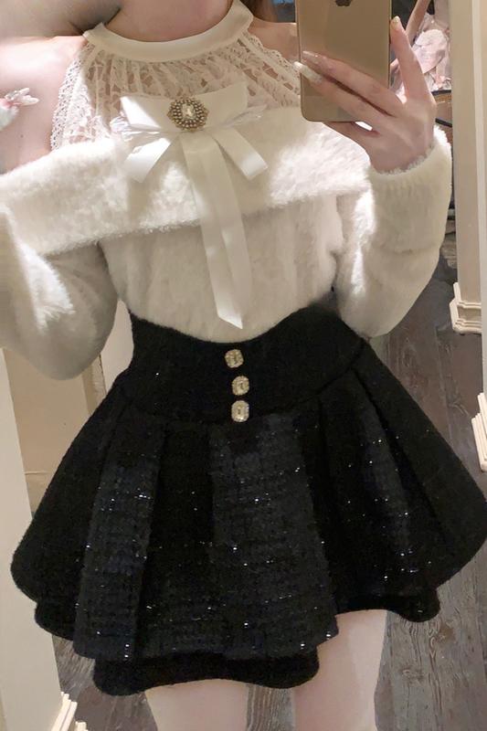 レースオフショルダーニット+スカート