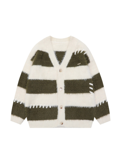 Striped Corian Style Loose Faux Mink Fur Soft Cardigan Knit