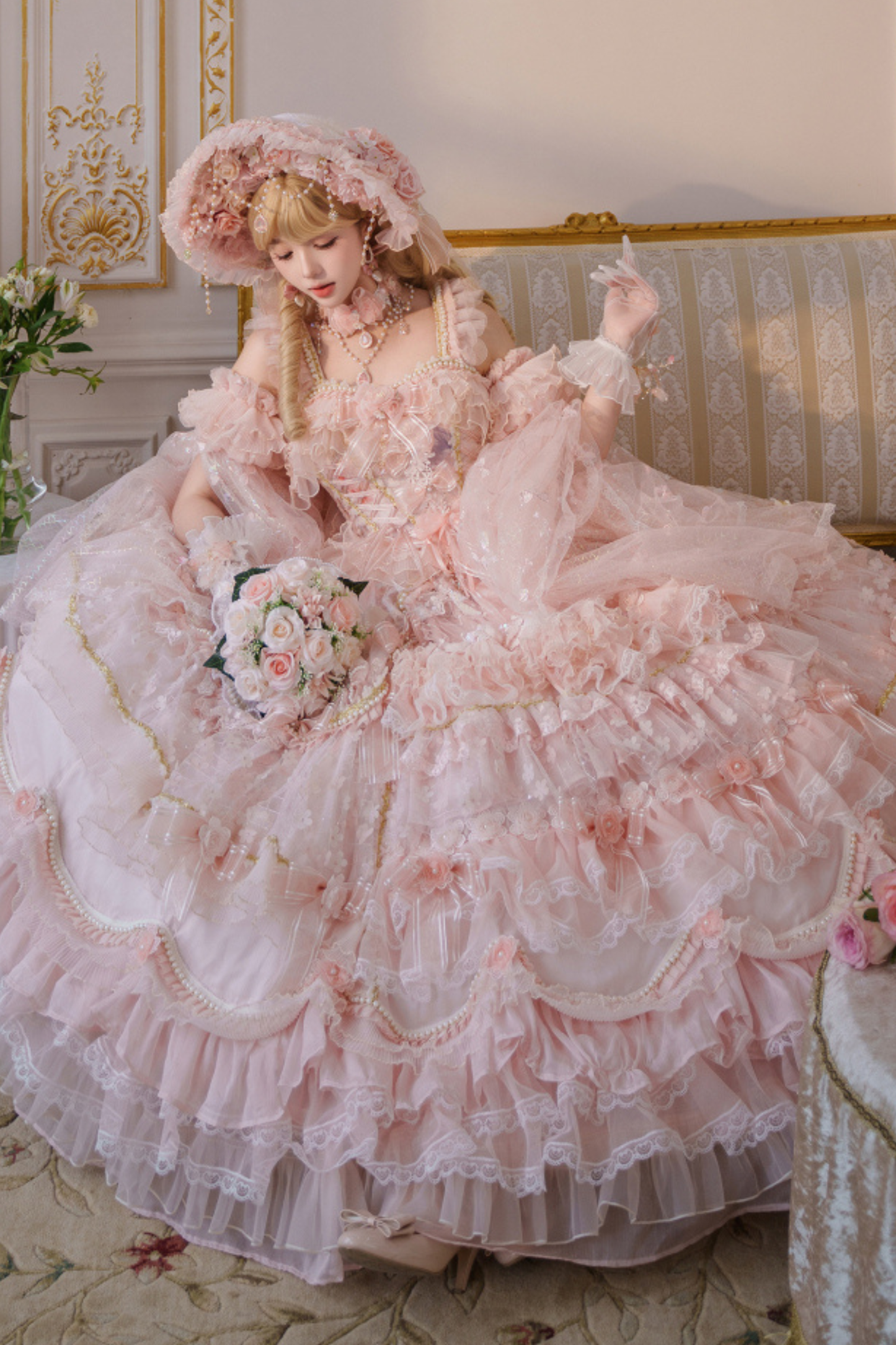 スイートフラワーゴージャスティーパーティーロリータアクセサリーハット+ベール+ネックレス+グローブ+セプター