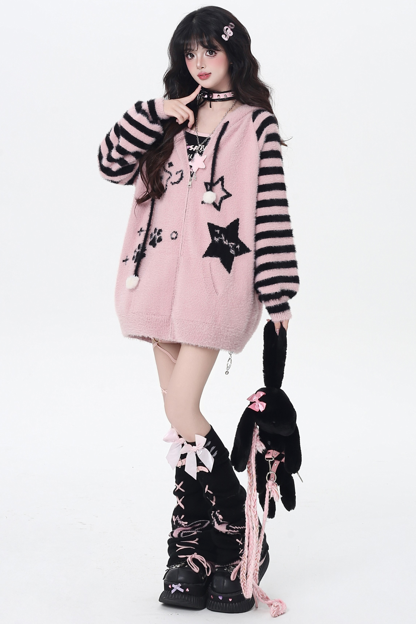 Star Line Striped Hooded Knit Cardigan