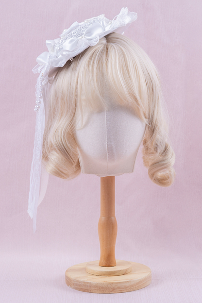 ホワイトレースブライダルスタイルボンネット+ヘアバンド+クリップ+スリーブ