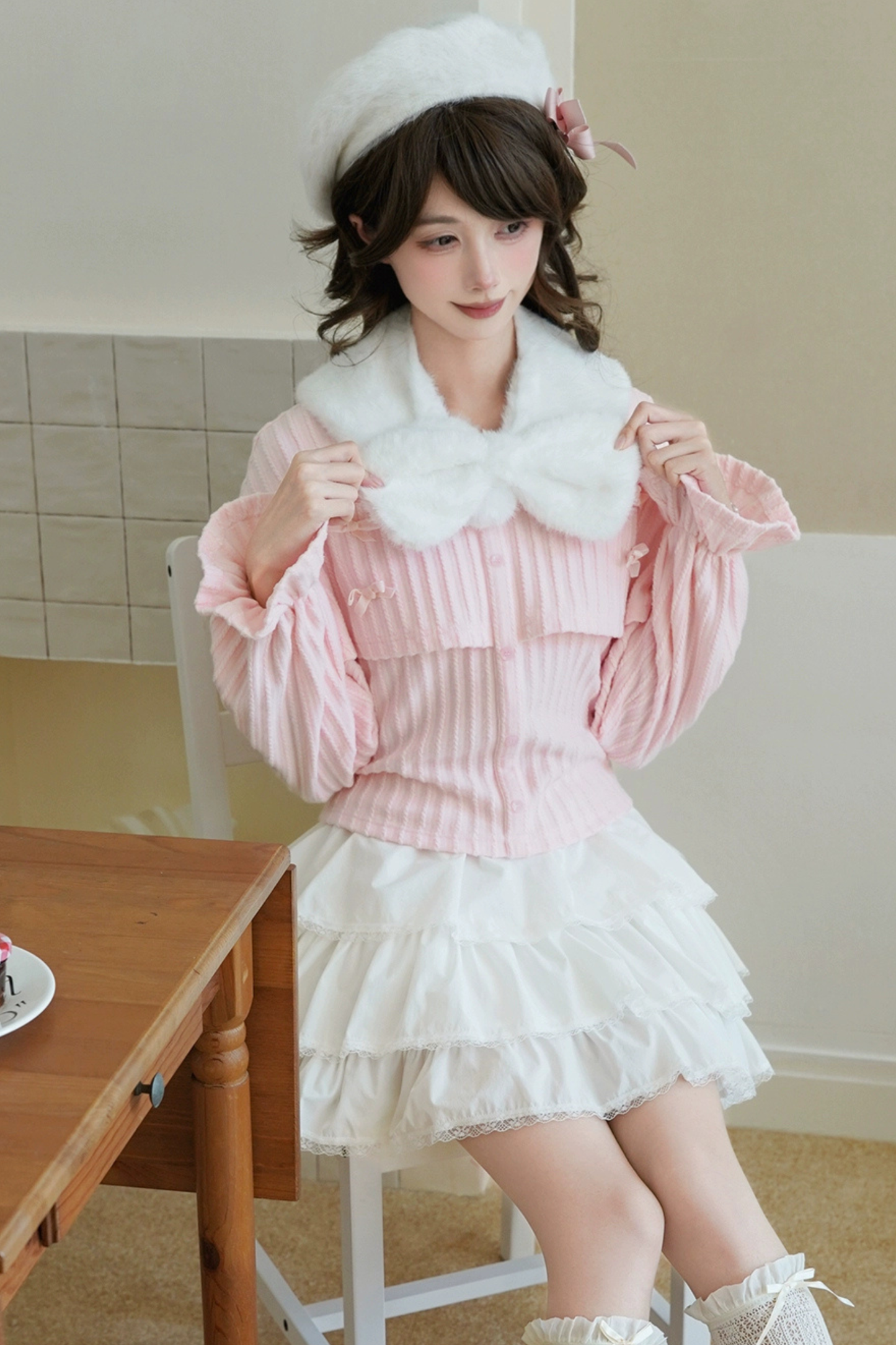 ルーズランタンスリーブニットトップス+ロングスカート+ショートスカート