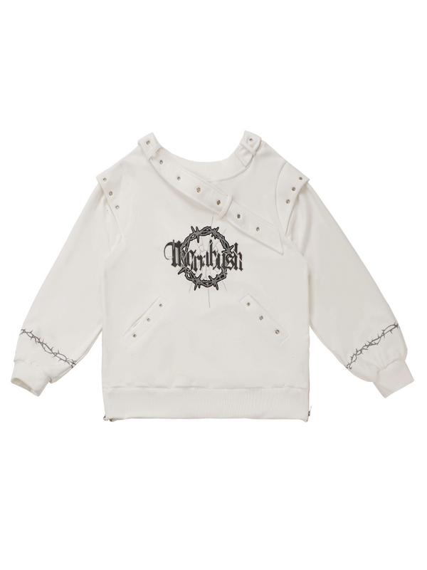 ダークソーンプリントデザインスウェットスーツアイレットトレーナー＋レースイレギュラースカート