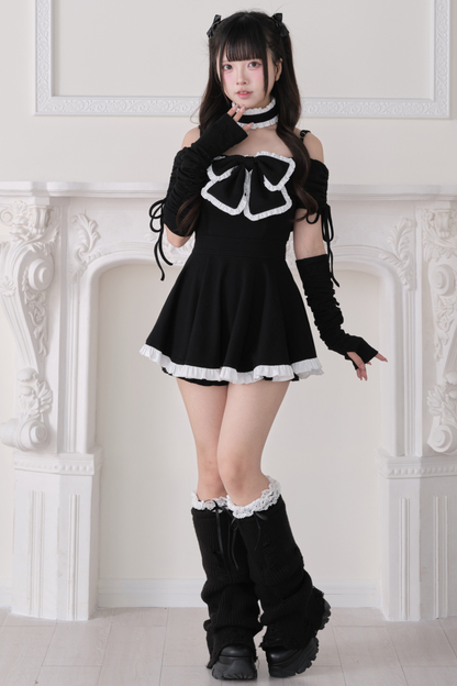 大蝴蝶结露肩连衣裙套装