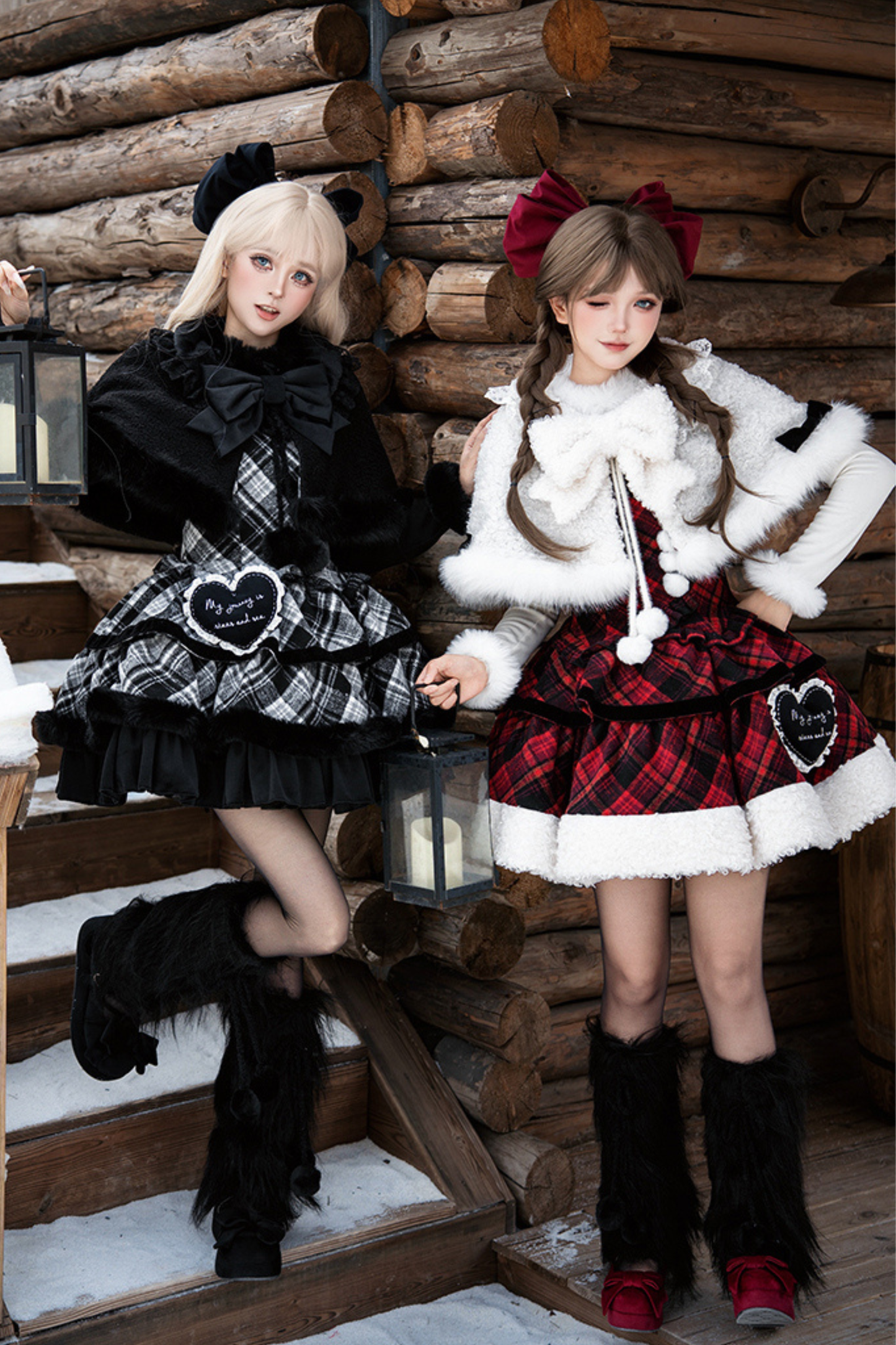 チェックドールジャンパースカート+リボンブローチ+ピン+ラブブローチ+ショール+トップス+レッグカバー