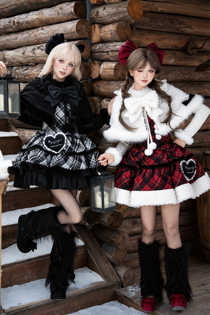 チェックドールジャンパースカート+リボンブローチ+ピン+ラブブローチ+ショール+トップス+レッグカバー