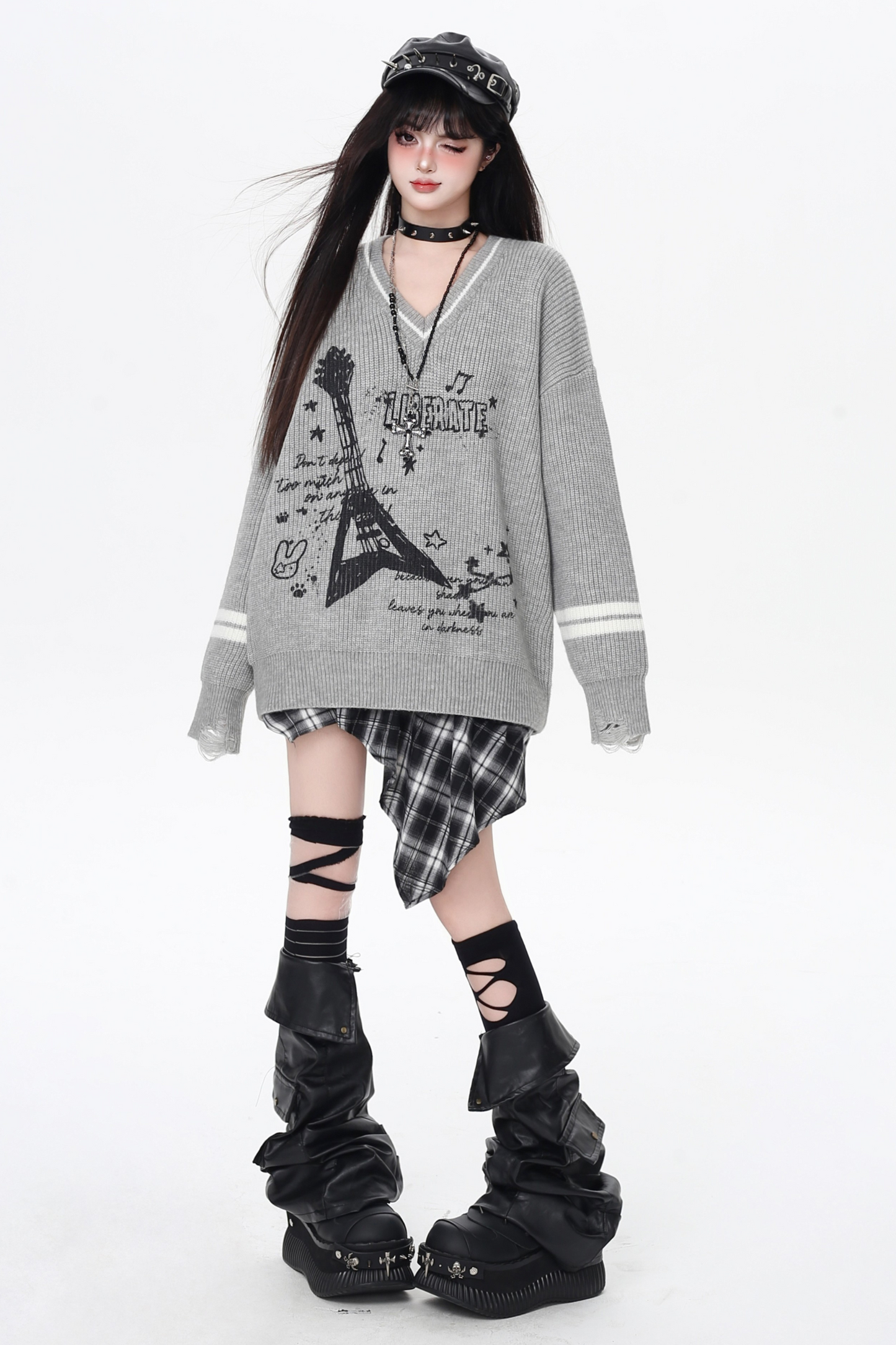 クールロックスタイルギターVネックルーズロングスリーブニット