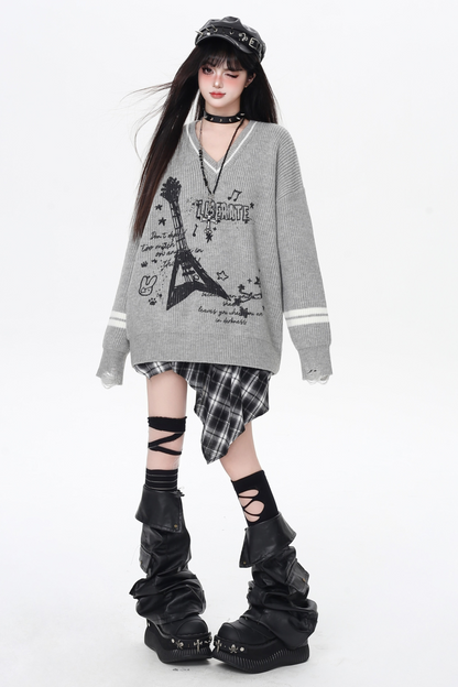 クールロックスタイルギターVネックルーズロングスリーブニット