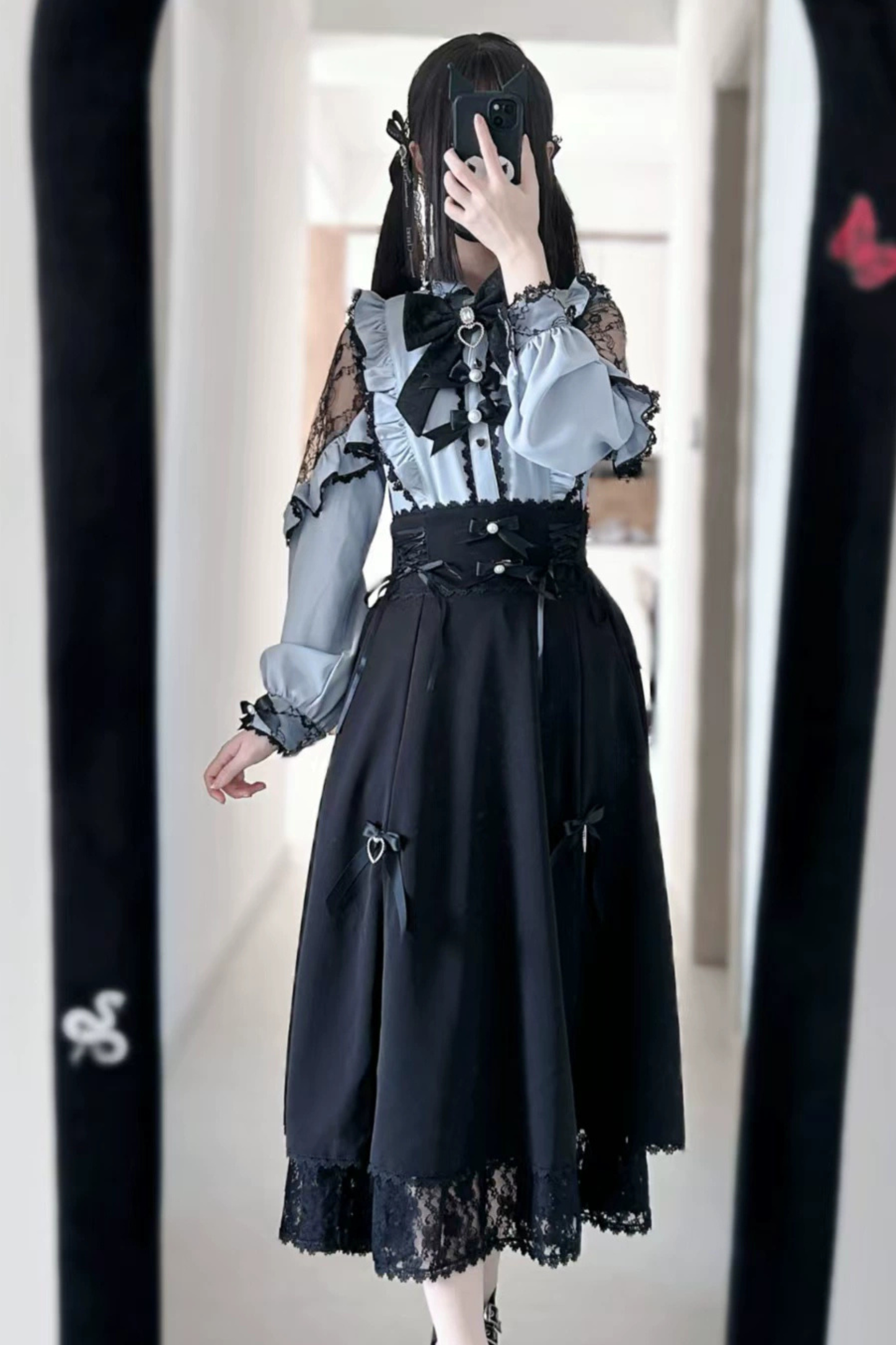 フレンチレーストリムシャツ+ロングスカート