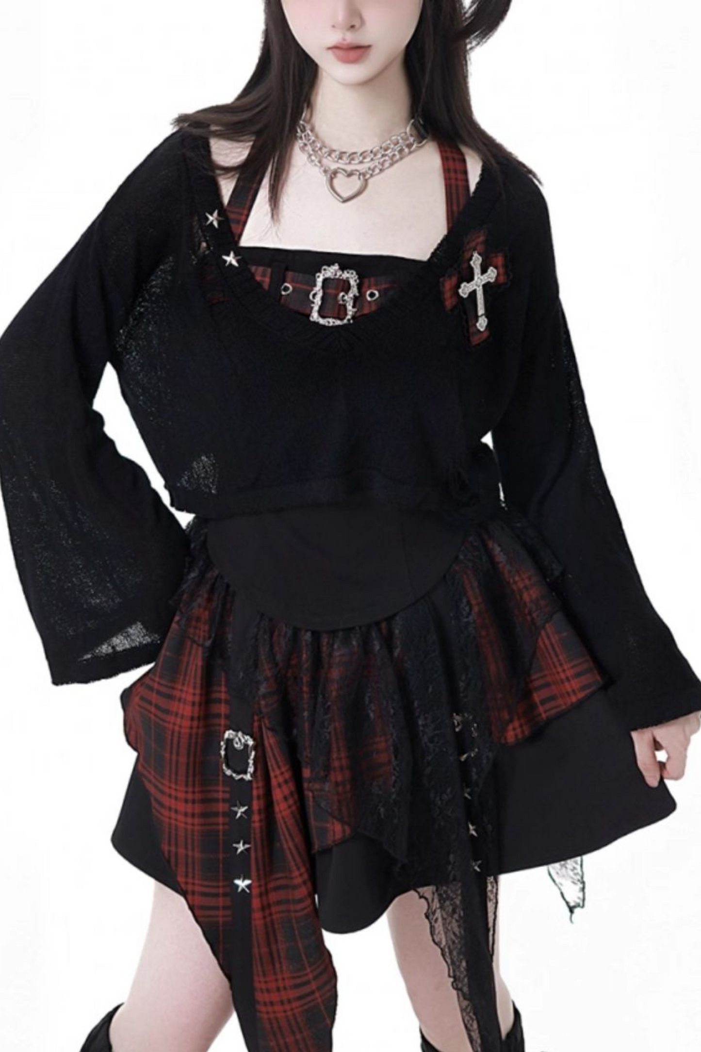 ホルターネックベスト+ルーズトップス+チェックスカート+レッグウォーマー