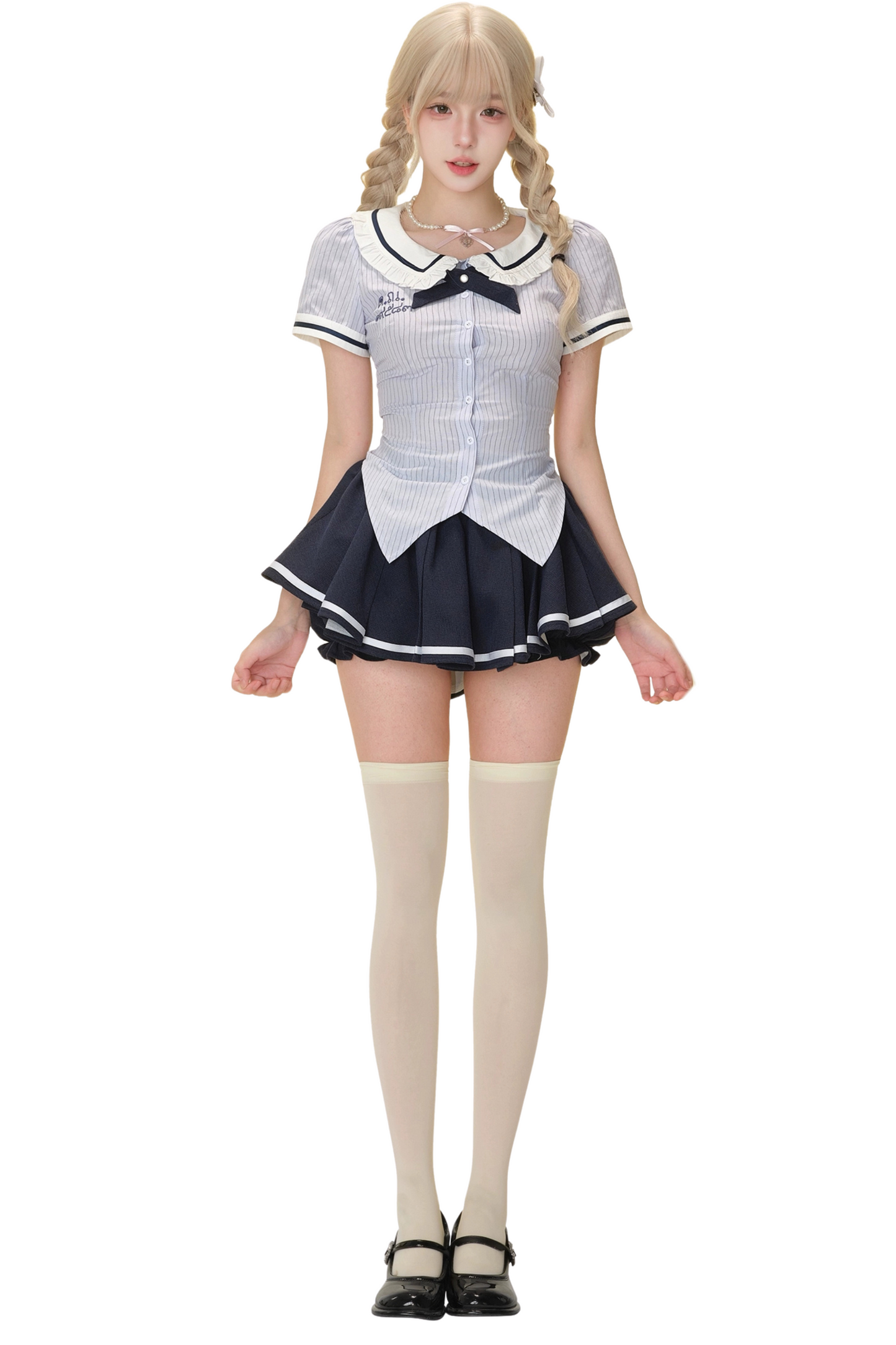 Doll School ribbon tie shirt + puff skirt