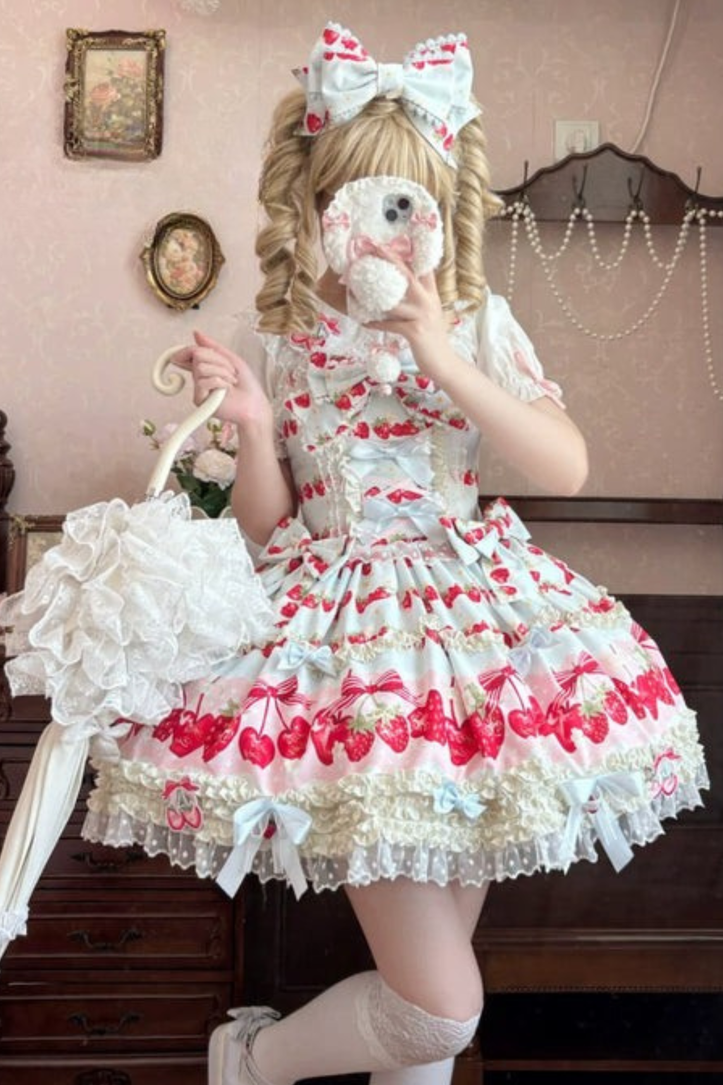ストロベリーロリータジャンパースカート+ラビットヘアスカーフ+ビッグリボン+トップス+ハット+ボンネット