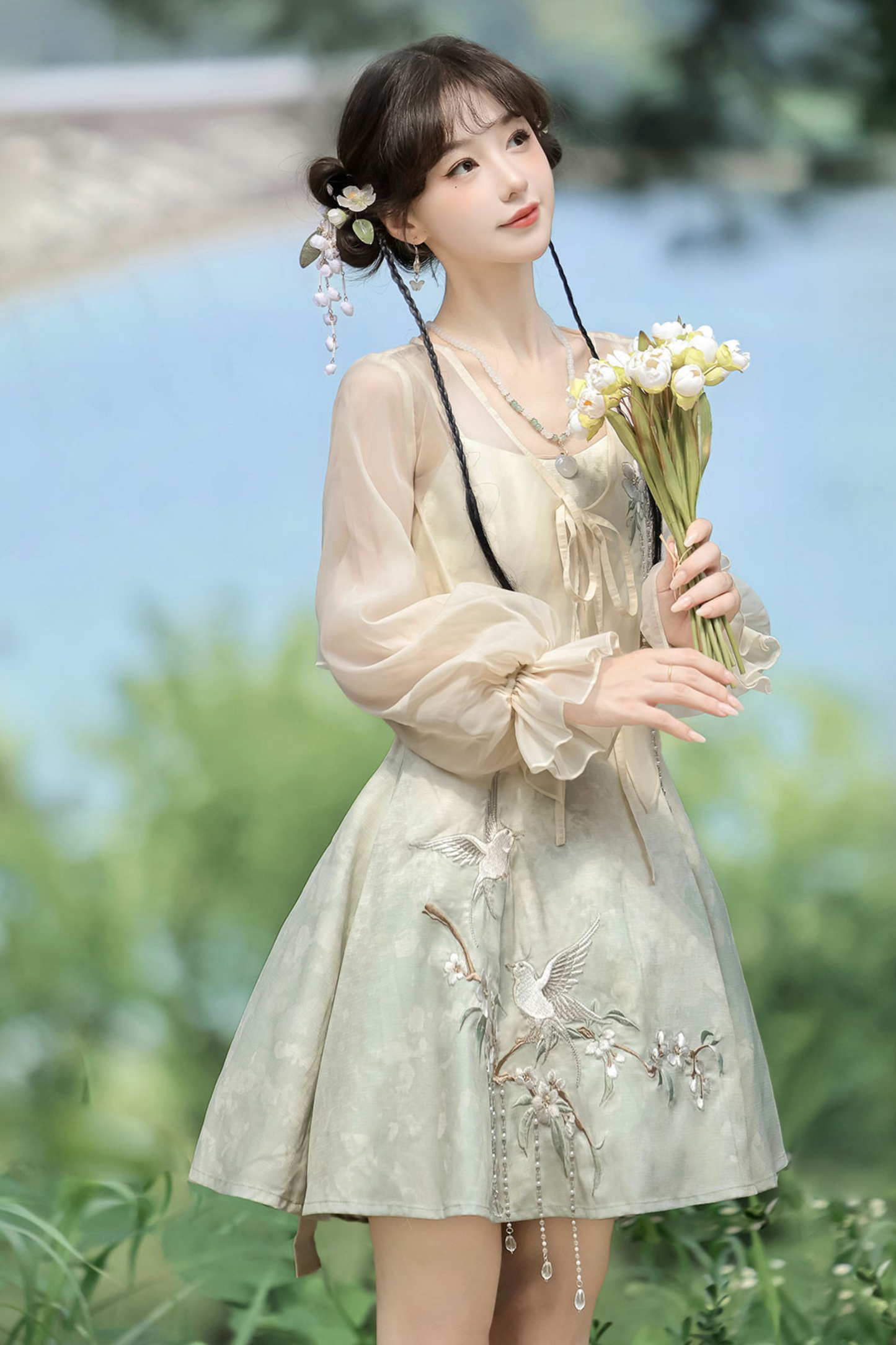 China Gradient Flower Retro Dress + Sheer Cardigan