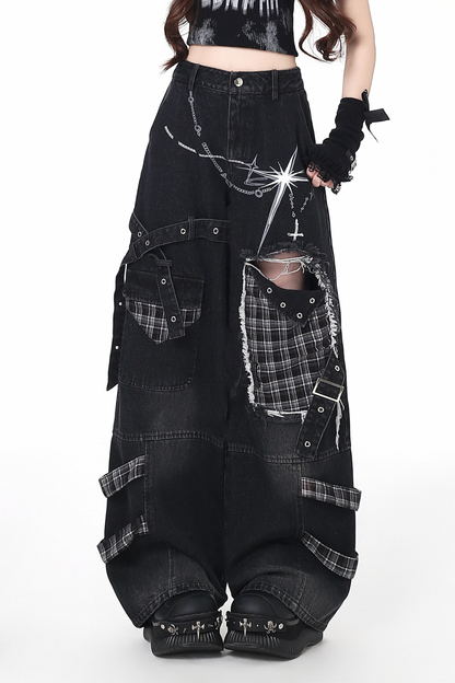 Plaid Patchwork Wide Denim Pants