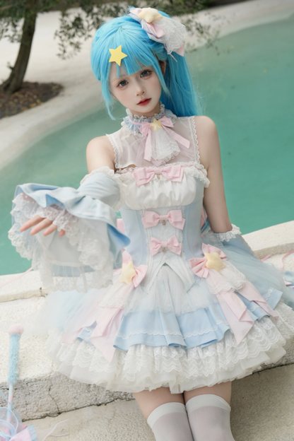 魔法妖精スパークリングウォーターロリータトップス+スカート+ヘアクリップ+テール+魔法ステッチ