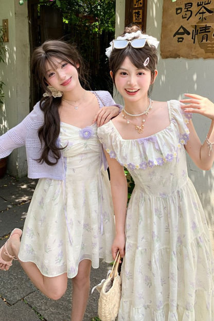 French Flower Off-the-shoulder Dress + Cardigan