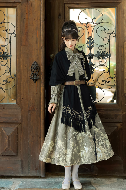Chic Dark China Print Dress + Shawl