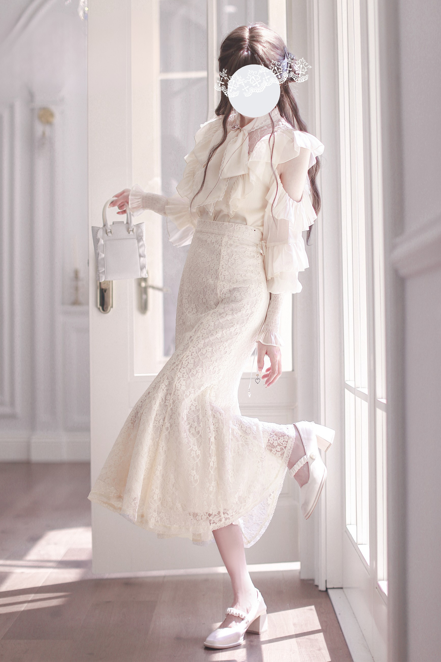 エレガントクリアシフォンビッグリボンシャツ+マーメイドスカート