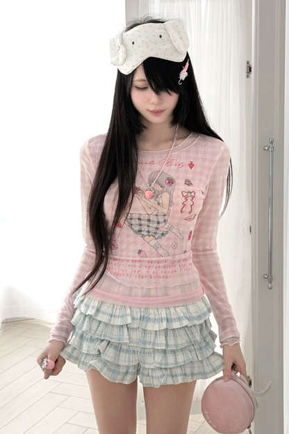 마카롱 피치 티셔츠 + 프릴 퀼로트