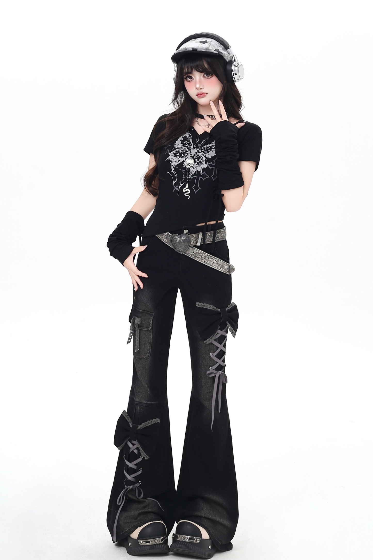 Lace-up flared denim pants