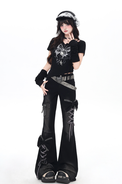 Lace-up flared denim pants