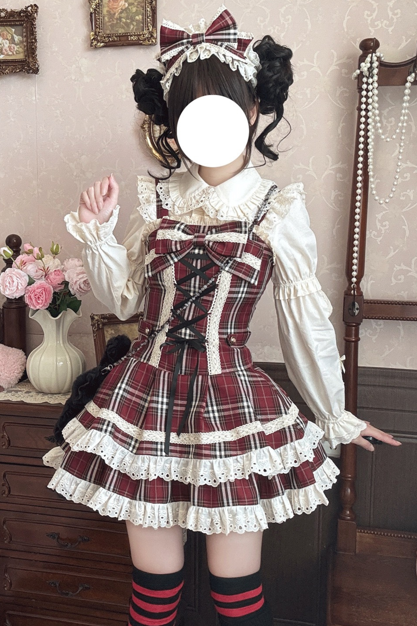 チェックレースアップロリータジャンパースカート+フリルブラウス