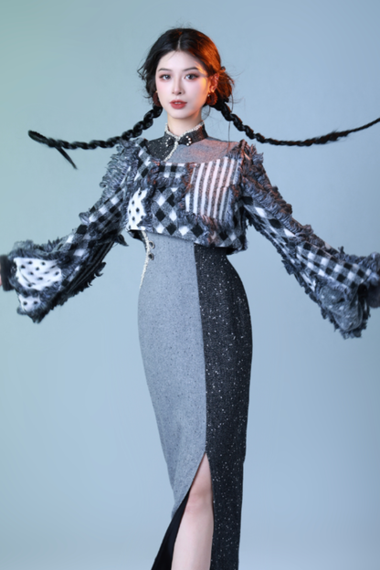 체크 디자인 모드 차이나 드레스